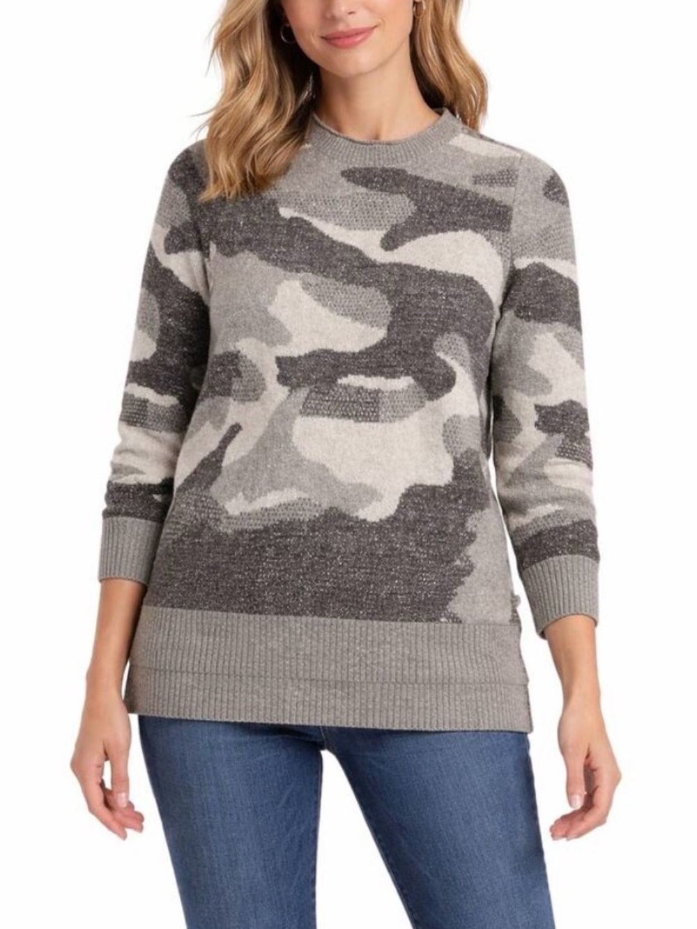 T by Talbots Gray/Metallic Camouflage Crewneck Sweater Size Medium